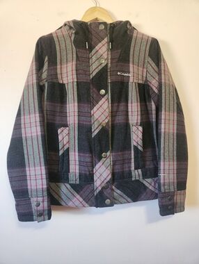 Columbia Omni-Shield Plaid Hooded Jacket Grey/Pink Wool Blend  Size EUC